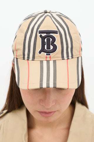 Burberry Beige Striped TB Monogram Embroidered Baseball Cap