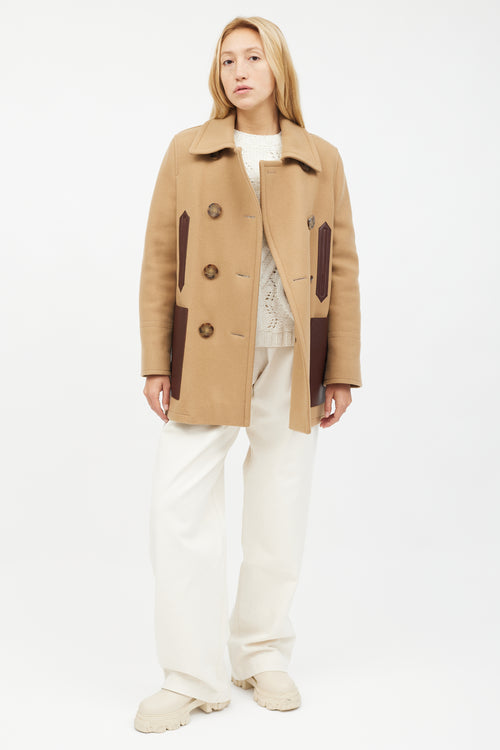 Burberry Beige Wool 
Brown Leather Coat