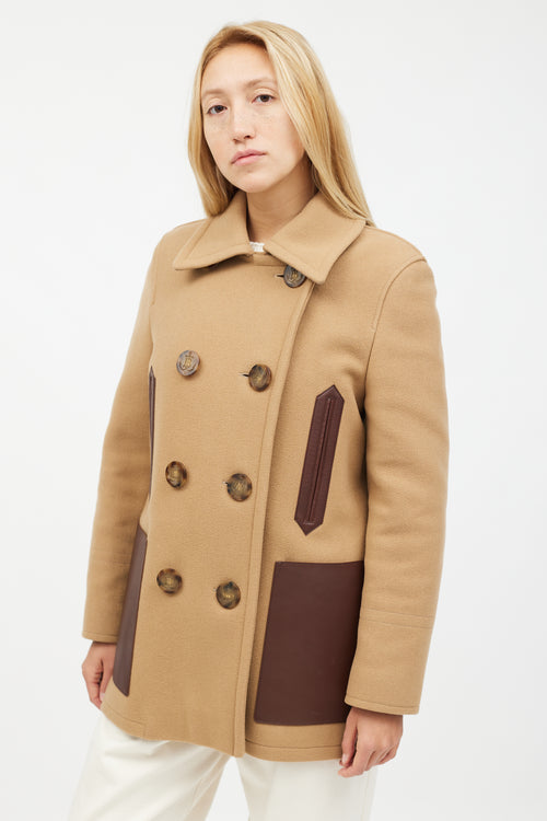 Burberry Beige Wool 
Brown Leather Coat