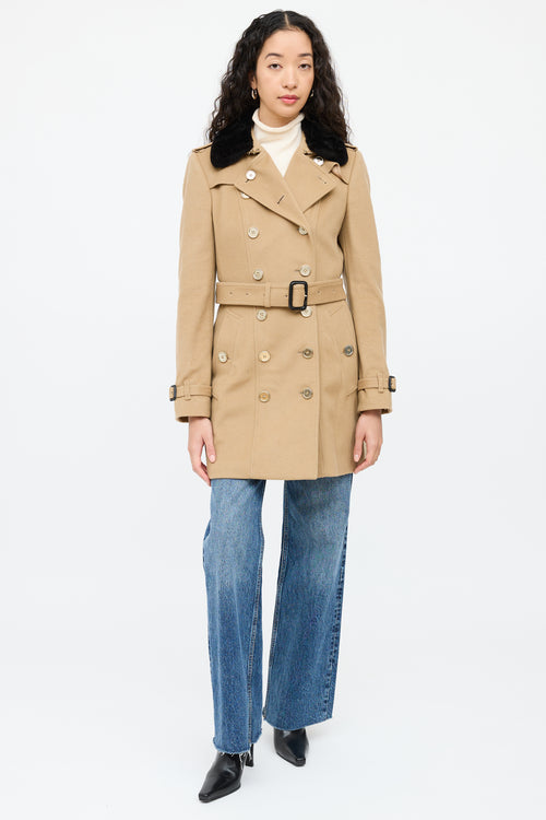 BurberryBeige Wool Fur Double Breasted Trench Coat