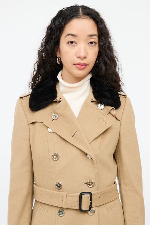 BurberryBeige Wool Fur Double Breasted Trench Coat