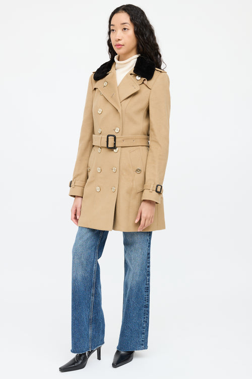 BurberryBeige Wool Fur Double Breasted Trench Coat