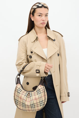 Burberry Beige 
Brown Coated Canvas 
Leather Haymarket Ryder Bag