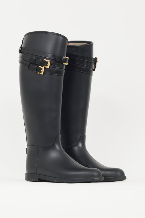 Burberry Black 
Gold Rubber Rain Boot