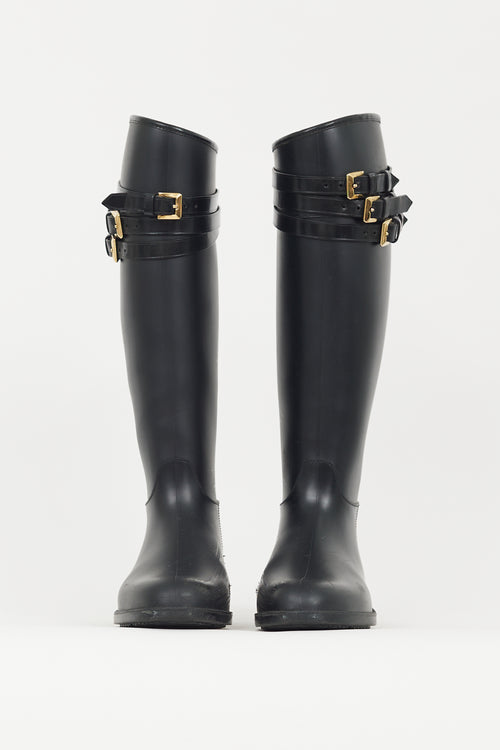 Burberry Black 
Gold Rubber Rain Boot