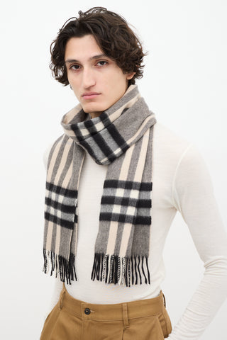 Burberry Black 
Beige Cashmere Nova Check Fringe Scarf