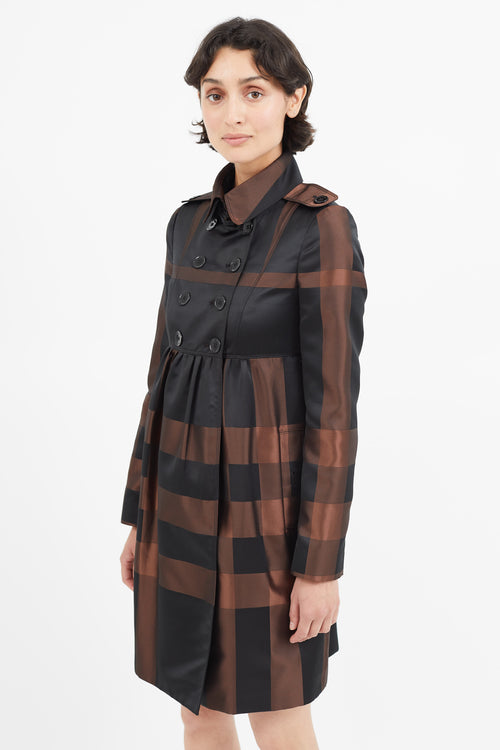 Burberry Black 
Brown Plaid Pleated Trench Coat