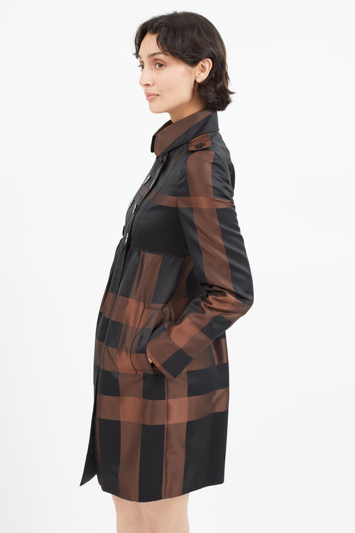 Burberry Black 
Brown Plaid Pleated Trench Coat