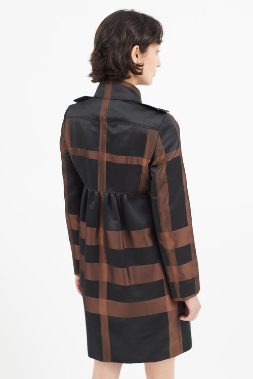 Burberry Black 
Brown Plaid Pleated Trench Coat