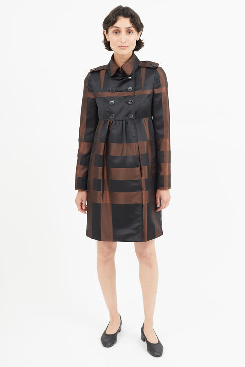 Burberry Black 
Brown Plaid Pleated Trench Coat