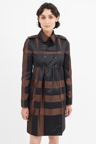 Burberry Black 
Brown Plaid Pleated Trench Coat