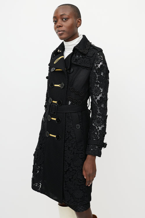 Burberry Black Lace Floral Double Breasted Coat