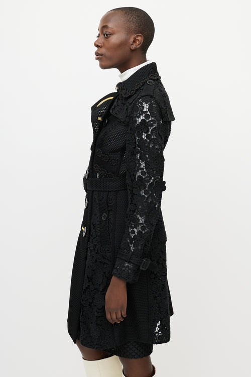 Burberry Black Lace Floral Double Breasted Coat