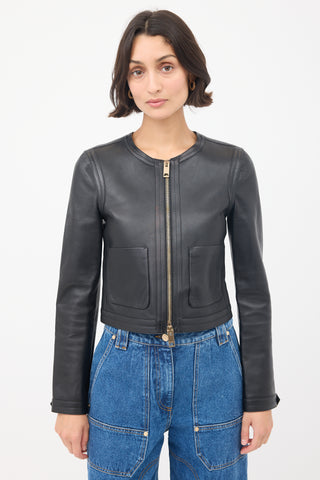 Burberry Black Leather Collarless Zip Jacket