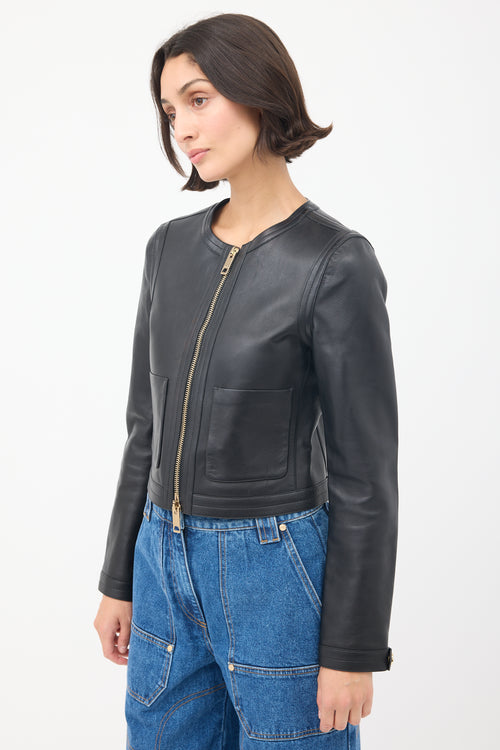 Burberry Black Leather Collarless Zip Jacket