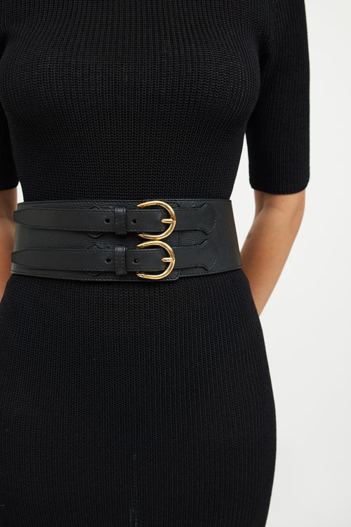 Burberry Black Leather Double Buckle Belt