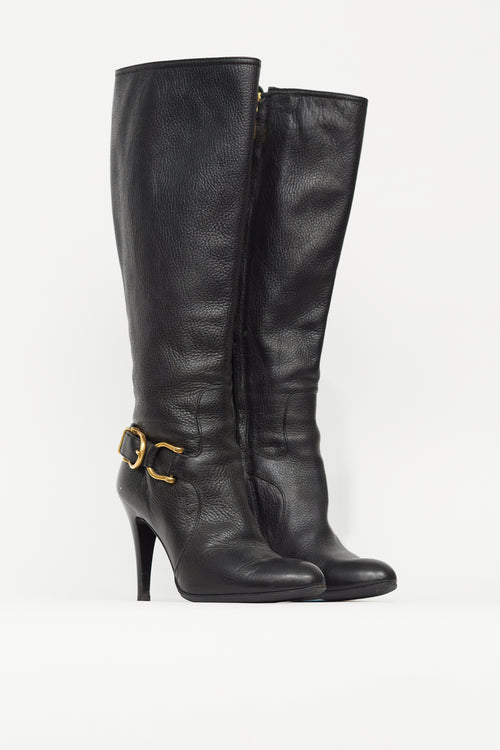 Burberry Black Leather Knee High Pump Boot