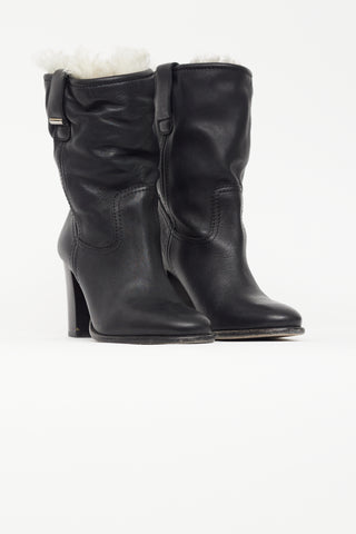 Burberry Black Leather Shearling Lined Heel Boot