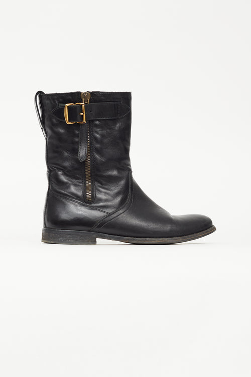 Burberry Black Leather Zip Buckle Boot