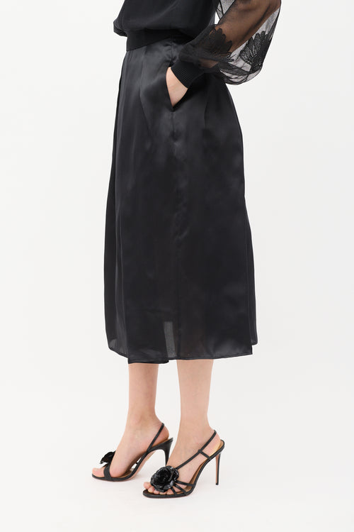 Burberry Black Silk Taffeta Pleated Midi Skirt