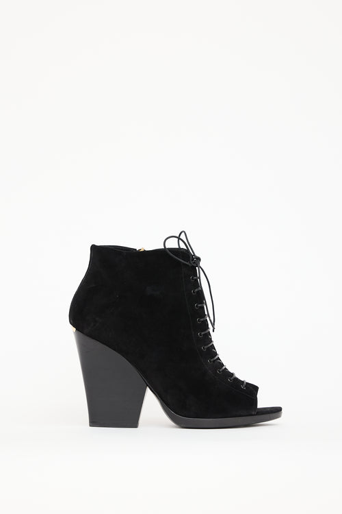 Burberry Black Suede Lace Up Peep Toe Boot