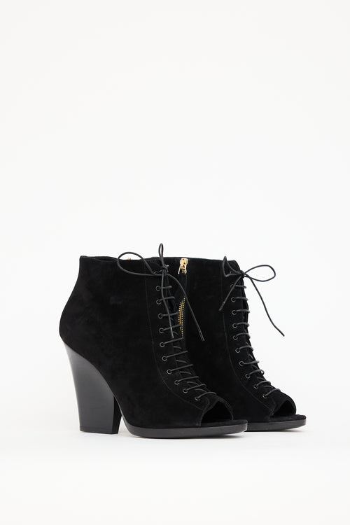 Burberry Black Suede Lace Up Peep Toe Boot