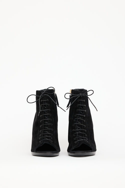 Burberry Black Suede Lace Up Peep Toe Boot