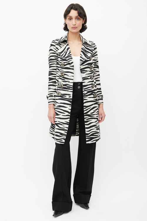 Burberry Black 
White Double Breasted Print Trench Coat