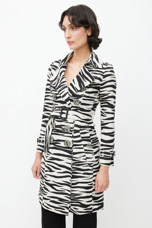 Burberry Black 
White Double Breasted Print Trench Coat