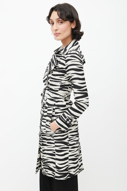 Burberry Black 
White Double Breasted Print Trench Coat