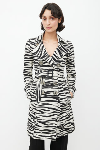 Burberry Black 
White Double Breasted Print Trench Coat