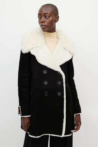 Burberry Black 
White Double Breasted Suede Coat