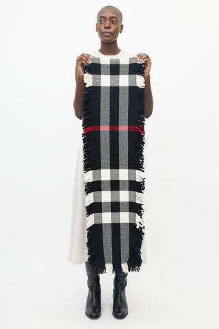 Burberry Black 
White Plaid Fringe Scarf