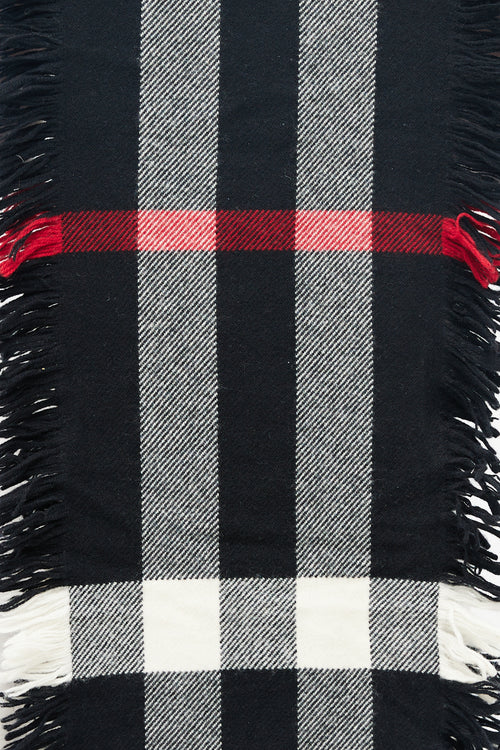 Burberry Black 
White Plaid Fringe Scarf