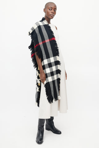 Burberry Black 
White Plaid Fringe Scarf