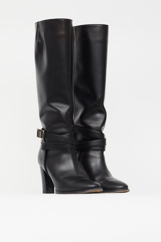 Burberry Black Leather Knee High Buckle Boot