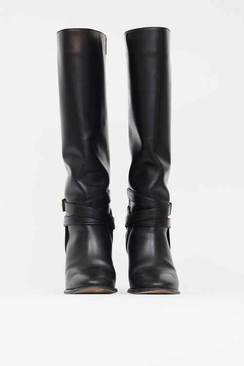 Burberry Black Leather Knee High Buckle Boot