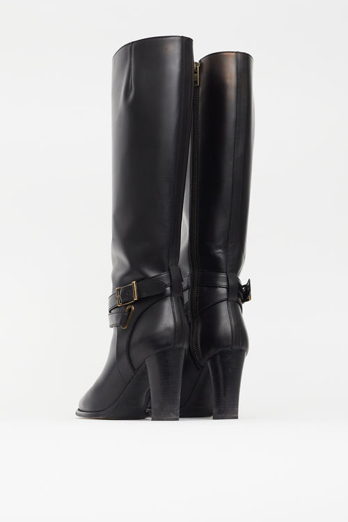 Burberry Black Leather Knee High Buckle Boot