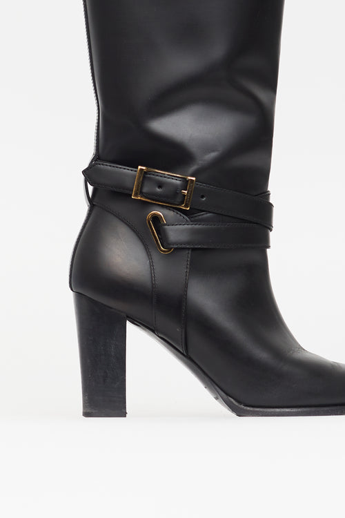 Burberry Black Leather Knee High Buckle Boot