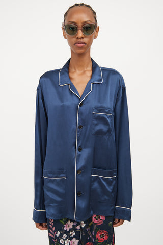 Burberry Blue 
White Satin Button Down Top