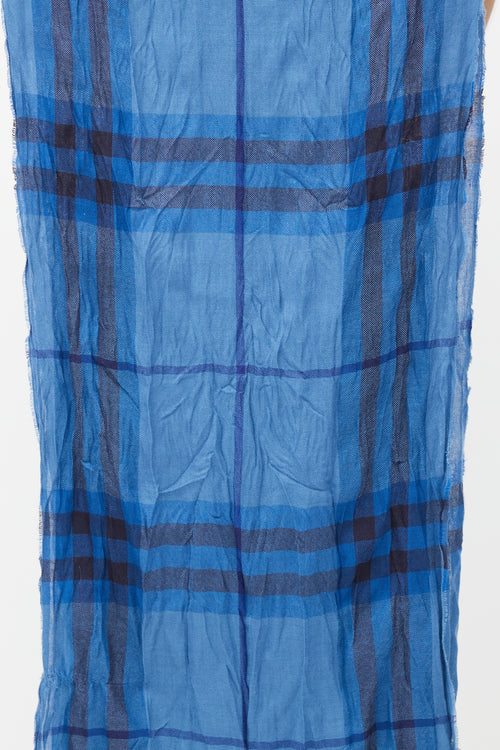 Burberry Blue Merino Wool 
Cashmere Check Scarf