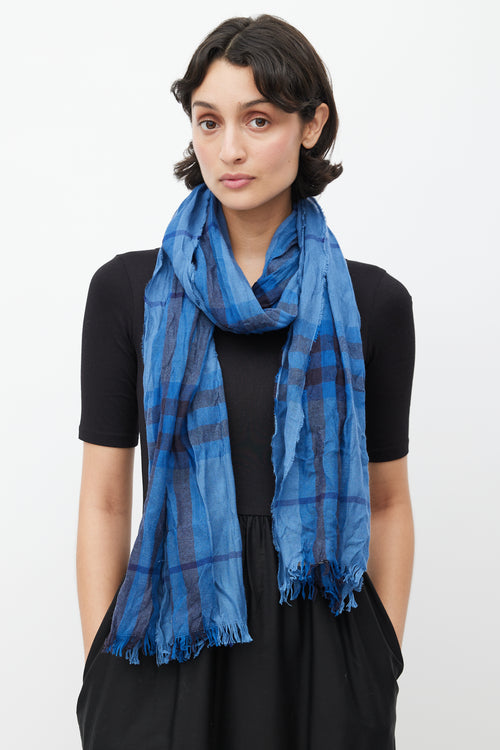 Burberry Blue Merino Wool 
Cashmere Check Scarf