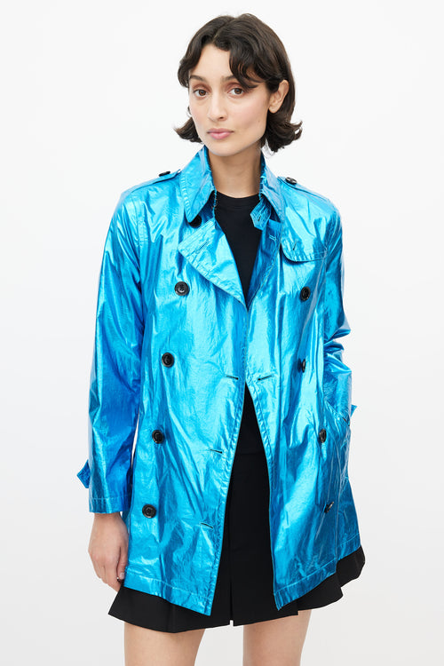 Burberry Blue Double Breasted Short Metallic Trench Coat