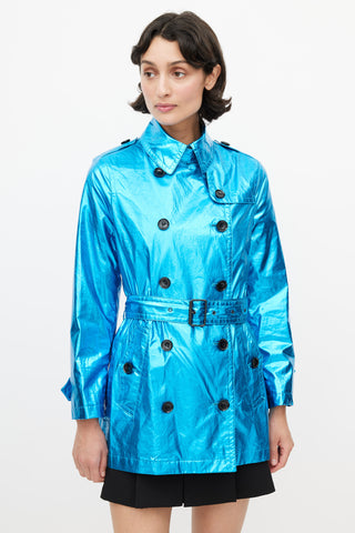 Burberry Blue Double Breasted Short Metallic Trench Coat