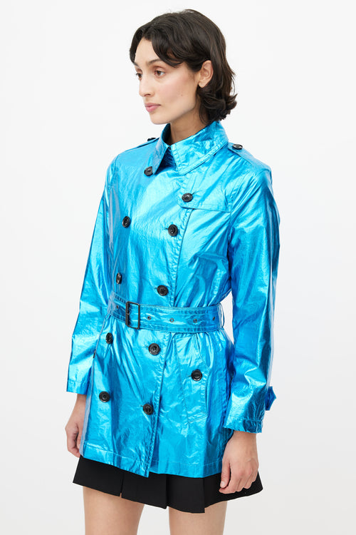 Burberry Blue Double Breasted Short Metallic Trench Coat