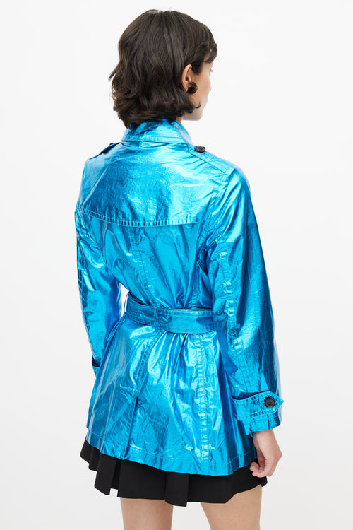 Burberry Blue Double Breasted Short Metallic Trench Coat