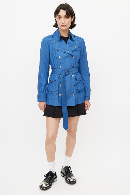 Burberry Blue Double Breasted Short Nylon Trench Coat