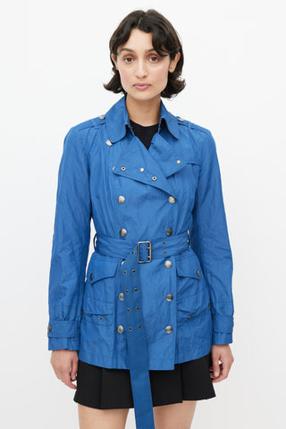 Burberry Blue Double Breasted Short Nylon Trench Coat