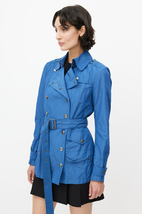 Burberry Blue Double Breasted Short Nylon Trench Coat