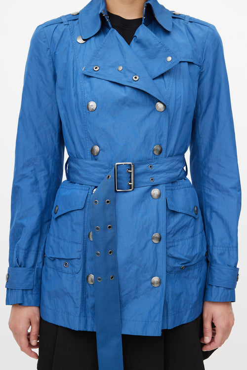 Burberry Blue Double Breasted Short Nylon Trench Coat